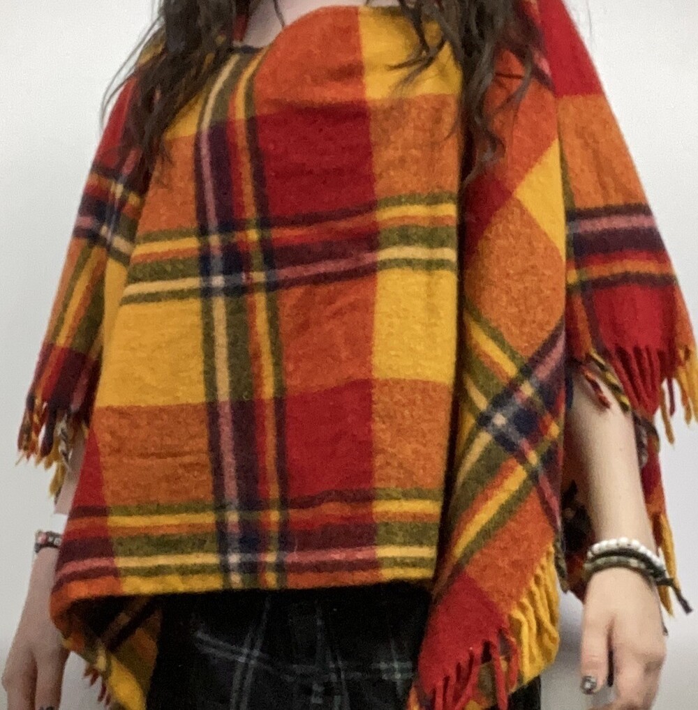 VTG Yellow Red Madras Plaid Fall Fringe Boho Wool Poncho Shawl Granny Cape OSFM